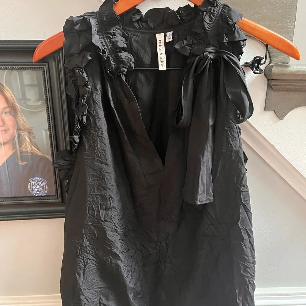 Robbi & Nikki Black Silk Fancy Ruffle & Bow Tank Too sz S EUC
